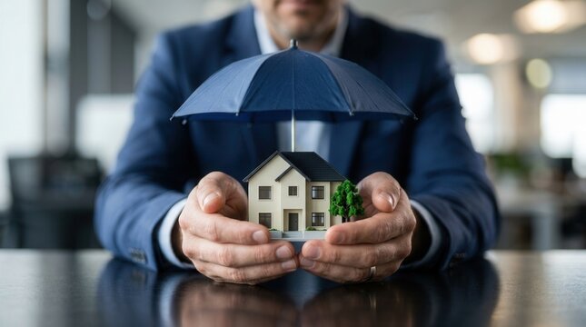 Representing real estate and property insurance, a male agent uses a navy umbrella to shield a contemporary ivory residence model.