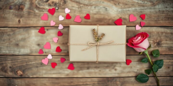 A rustic brown gift box tied with twine, adorned with a sprig of dried flowers, rests amidst scattered heart-shaped cutouts and a delicate pink rose on a weathered wooden background.