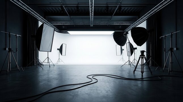 A well-equipped studio with various lights and lighting equipment, perfect for professional photographers.