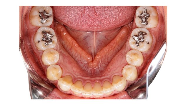 Lower Jaw Teeth with Multiple Metal Amalgam Fillings and Visible Tongue, Gums, and Oral Tissues Isolated on White Background