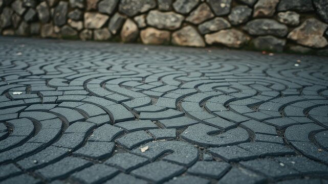 A  patterned  pavement  composed  of  interlocking  stone  segments  with  a  stone  wall  blurred  in  the  background