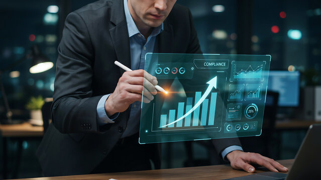 Business professional drawing upward growth graph on holographic tablet in modern office setting