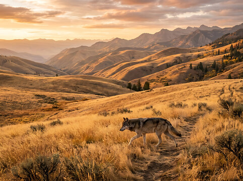 Gray wolf walking along mountain ridge at sunset in golden hour with rolling hills and vast wilderness landscapes.