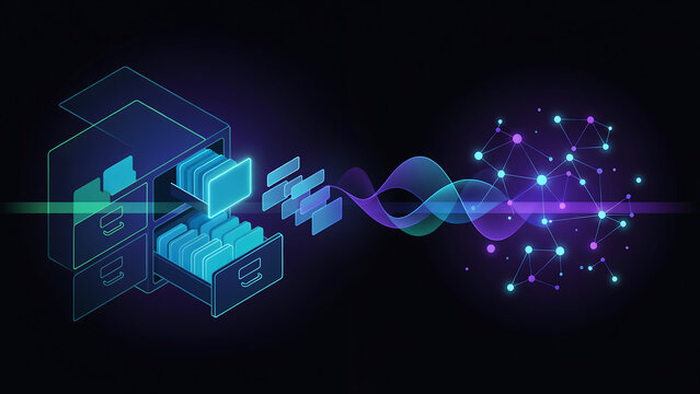 Modern data storage servers connected to futuristic network nodes with glowing digital particles