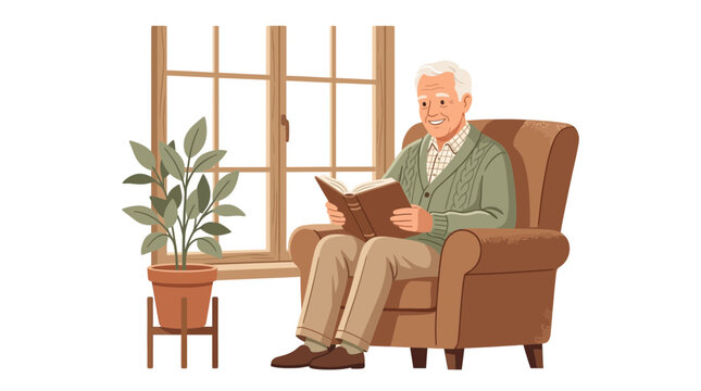 Senior man relaxing in armchair reading book vector illustration