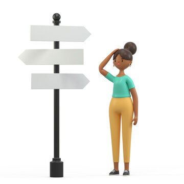 A woman stands by a signpost