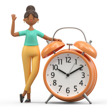 A woman holds an alarm clock