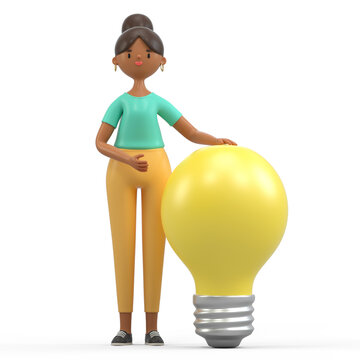 A woman leans on a large light bulb