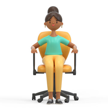 A woman sits comfortably in an office chair