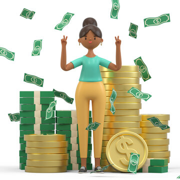 A woman stands triumphantly among stacks of money