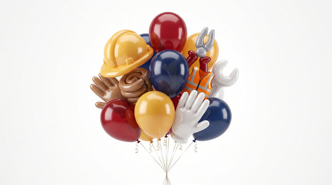 3D Render of Labor Day Celebration Balloon Cluster with Construction Tools and Safety Gear