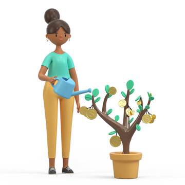 A woman waters a money tree with coins