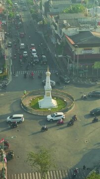 Aerial view of iconic Tugu Yogyakarta monument and roundabout