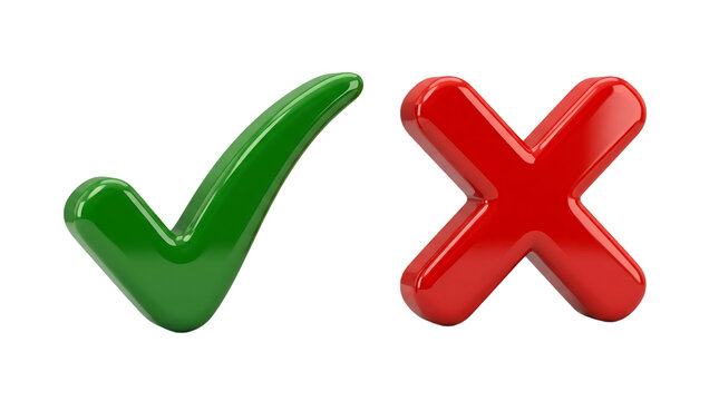 3D Glossy Green Check Mark and Red Cross Mark Icons Isolated on White Background