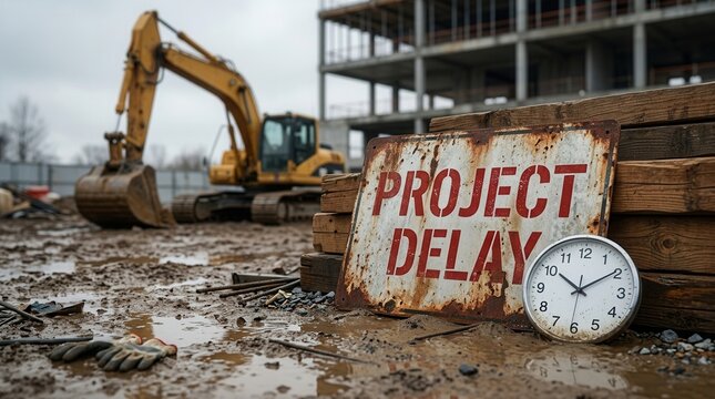 A clock and project delay sign at a muddy construction site featuring an excavator and building materials