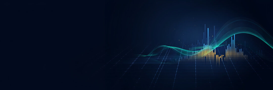 Modern data visualization with futuristic digital wave and bar chart on dark tech background