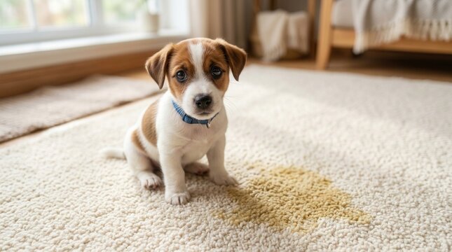 Typical house training challenge featuring a mischievous Jack Russell Terrier puppy sitting next to a wet carpet stain.