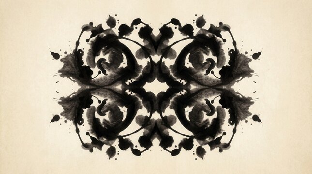 Matching reflective shapes and twin visuals formed by symmetrical rorschach-like ink patterns