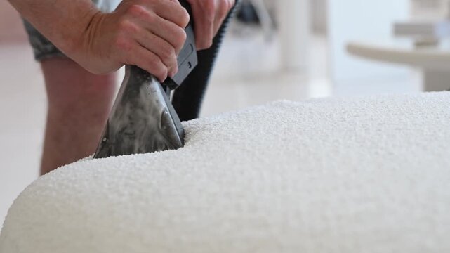Professional steam extraction cleaning of white upholstered ottoman furniture close up. modern wet-and-dry vacuum cleaner	