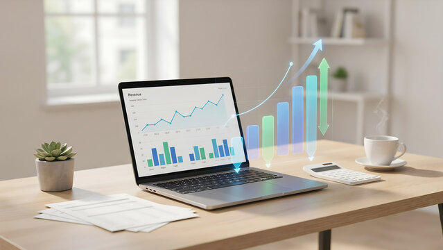 Open laptop showing bar chart analytics on modern workspace desk