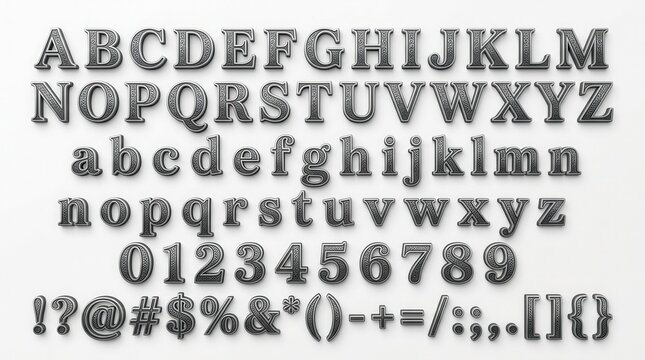 Vintage style ornate alphabet font including letters a to z, numbers, and punctuation isolated on white background