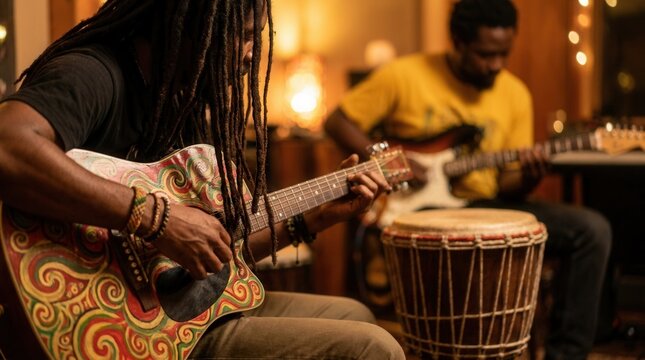 Jamaican reggae and dancehall music spirit embodied by guitars and vibrant steel drums in a studio.