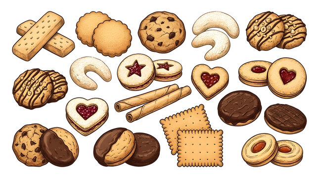 Delicious Assorted Cookies and Biscuits Set &ndash; Vintage Engraving Style Food Illustrations for Bakery Menu and Packaging