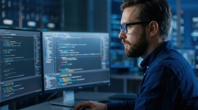 A handsome software engineer focused on software development while coding on computer systems.