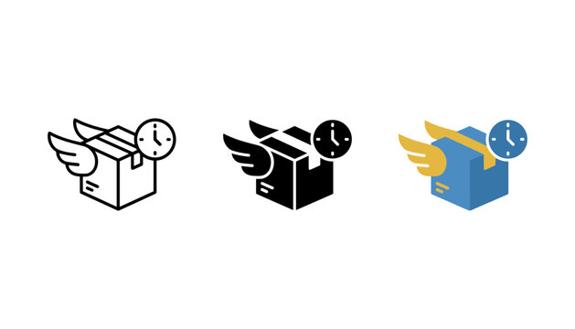 Set of fast delivery icons with a winged cardboard box and a clock, representing express shipping and timely logistics services