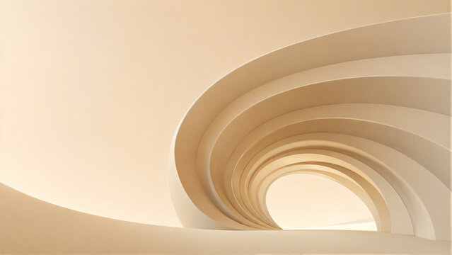 Abstract beige spiral tunnel with curved layers and glowing light, minimal warm 3D render architecture background