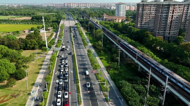 Static Aerial View of Two Metro Trains Passing Near Sheshan, Shanghai