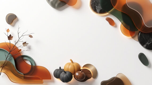 Modern Abstract Autumn Flat Lay: Translucent Shapes, Dry Leaves, and Matte Pumpkins with Copy Space