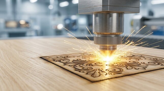 Intricate floral pattern being created in a wood panel by a CNC laser engraving machine in action, close-up