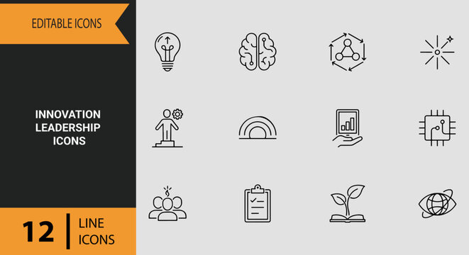 Innovation Leadership Outline Icons for Creative Problem Solving Business Growth and Forward Thinking