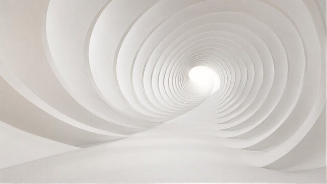 Abstract white spiral tunnel with a bright light at the end creating a sense of depth and future