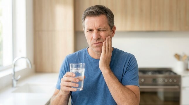 Intense pain from drinking cold water with ice experienced by a mature man suffering from tooth sensitivity in the kitchen