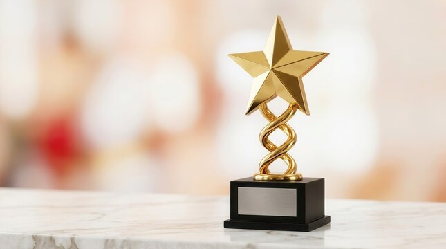 Success and achievement golden star award for excellence and winning a prize on a white marble surface