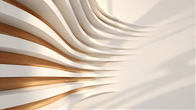 Abstract white and gold flowing wavy layers with soft shadows and curved lines, elegant luxury 3D render background with copy space