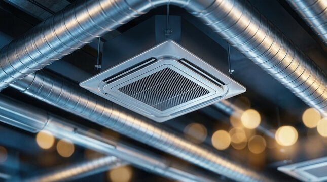 Modern office interior featuring exposed ductwork design elements and a sleek air conditioning unit