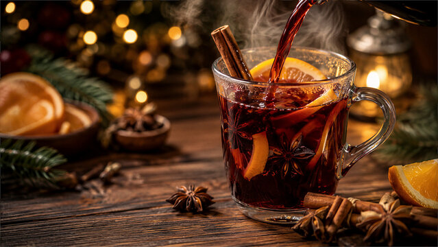 Hot mulled wine being poured into a clear glass mug with orange slices cinnamon sticks and star anise on a rustic wooden table with festive lights