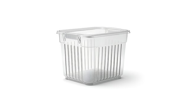 A clear plastic storage container with a textured lid and vertical ridges on the sides sitting on a flat surface