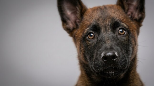 Playful Belgian Malinois puppy with bright eyes posing on a soft gray background, charming expression