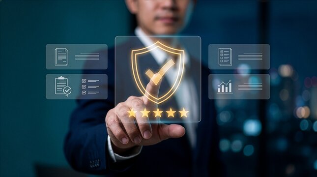 Businessman touching standard quality control certification assurance guarantee for automation process. Quality management with Quality Assurance, Quality Control