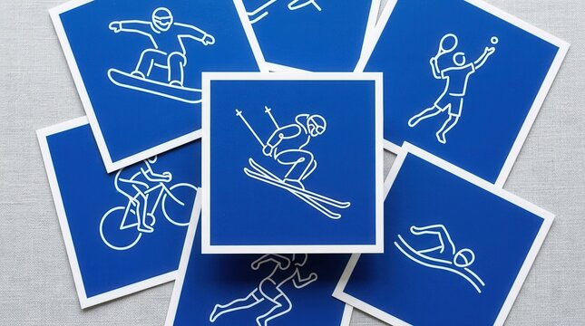 Winter Olympics Game 2026 in Milano and Cortina blue freestyle skiing pictogram with other sport pictograms in background