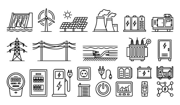 Electricity Generation Transmission and Power Supply Thin Line Icons