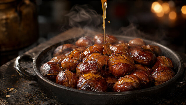 Delicious hot roasted chestnuts drizzled with sweet golden syrup in a rustic pan with steam rising