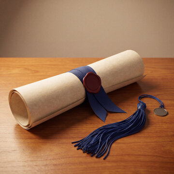 Rolled diploma scroll tied with ribbon and a wax seal beside a graduation cap tassel