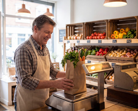 Grocer weighing a bag of vegetables on a counter scale