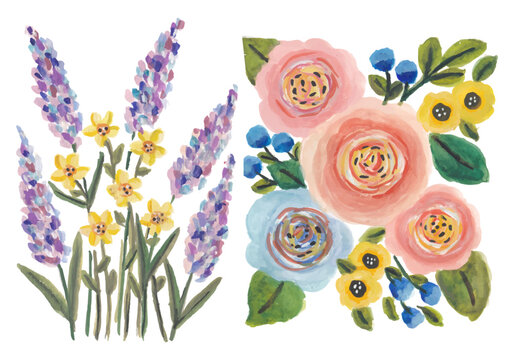 Colorful flowers pattern hand drawn watercolor art