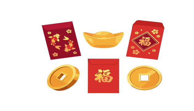 Chinese lunar new year red envelopes and golden coins . Traditional lucky packets, fu character, sycee ingot, carp fish, vector illustration .